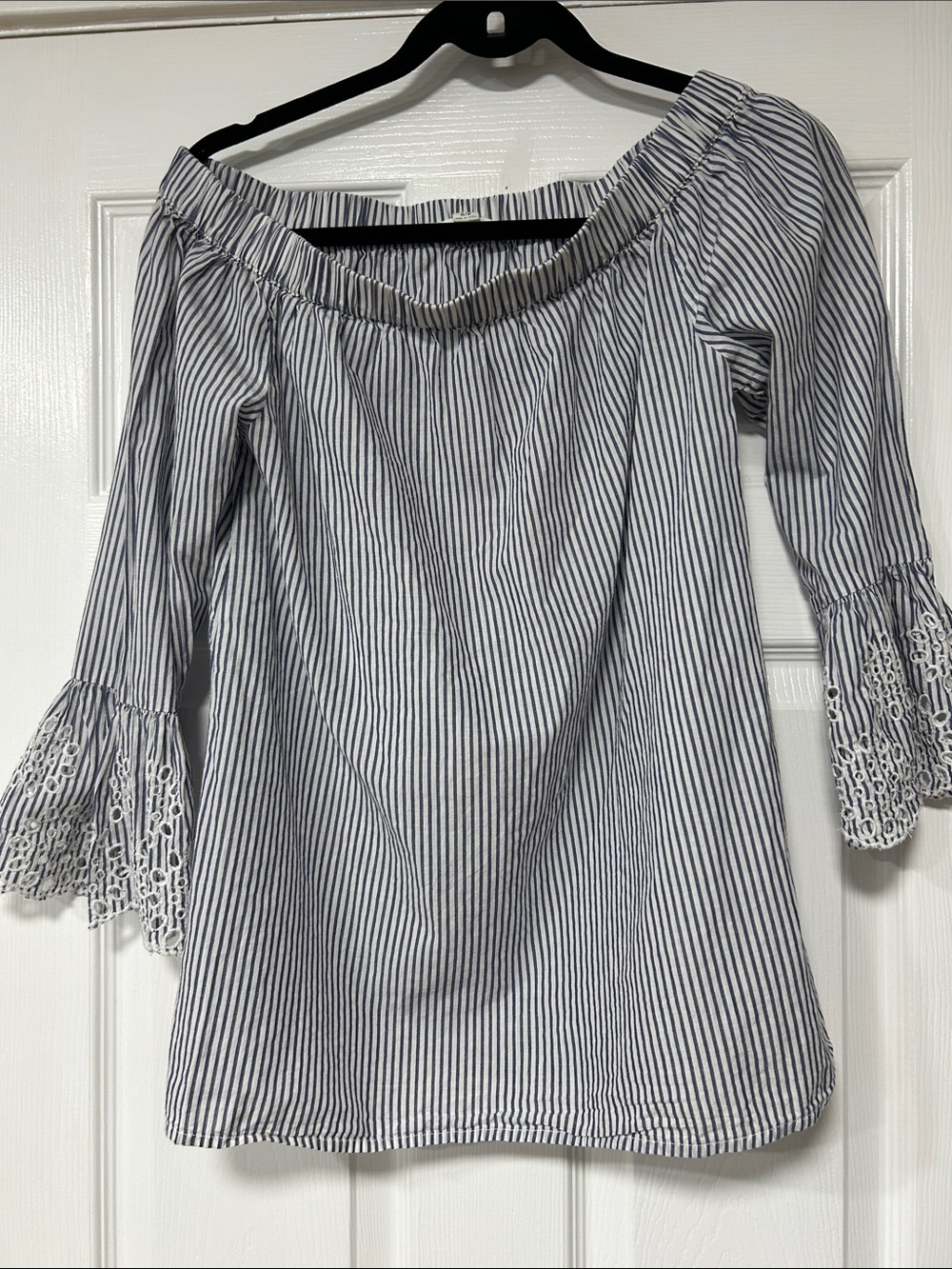 beachlunchlounge Navy & White Striped Off-Shoulder Blouse with Lace Bell Sleeves